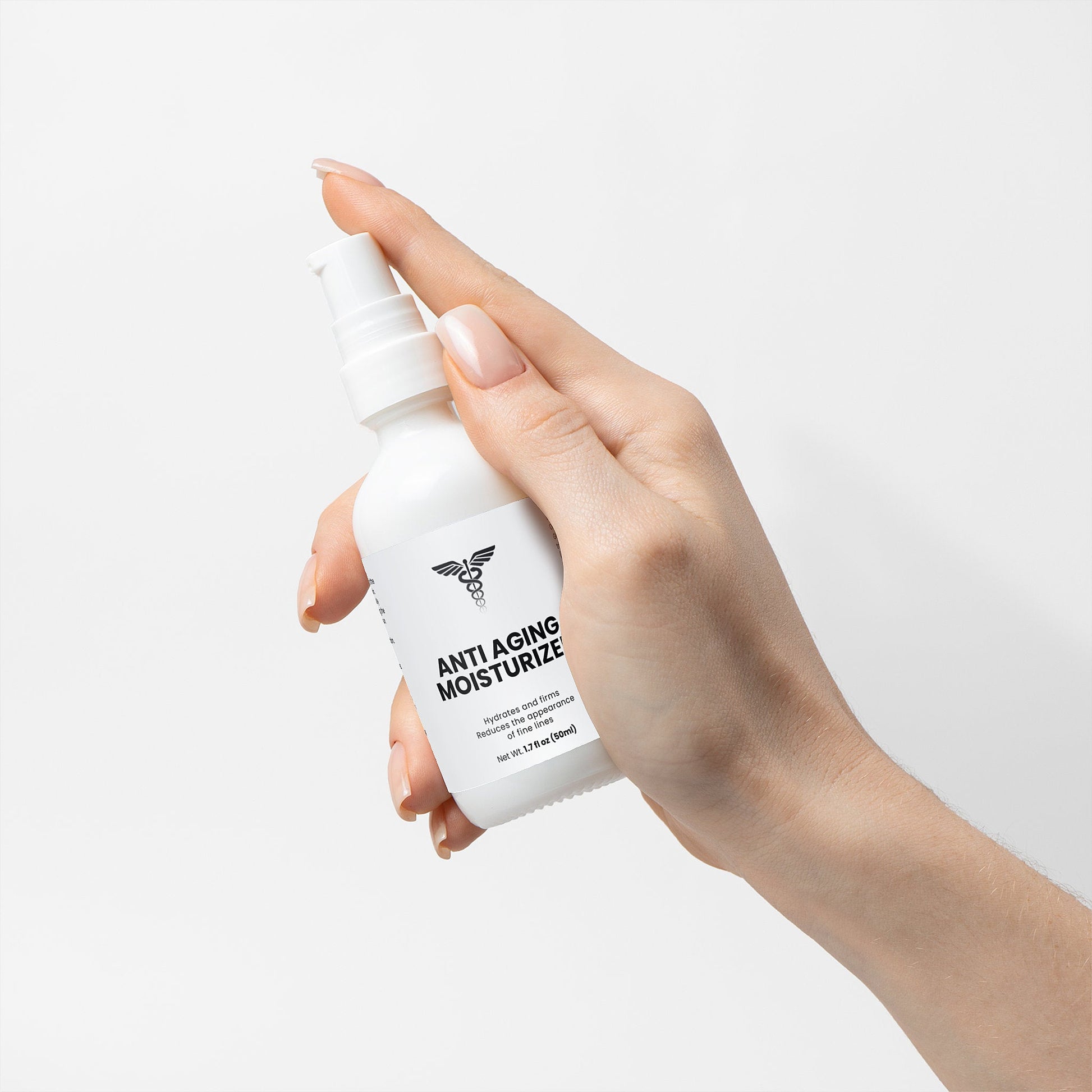 Hand holding a bottle of anti-aging moisturizer against a light background