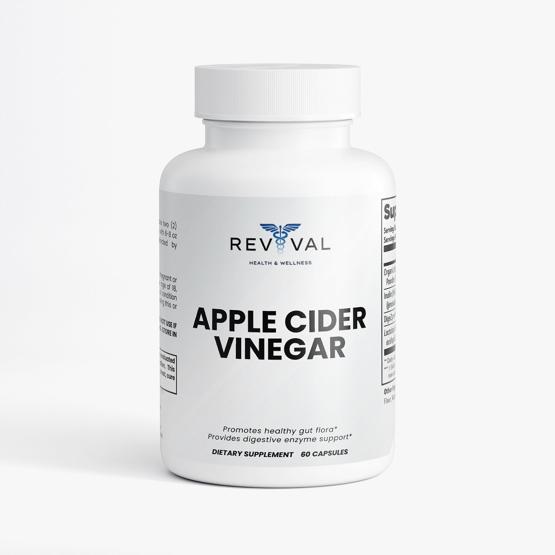 Supplement bottle labeled 'Apple Cider Vinegar' by Revival on a white background