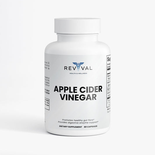 Supplement bottle labeled 'Apple Cider Vinegar' by Revival on a white background