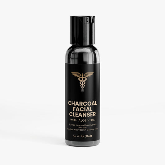 Black bottle of charcoal facial cleanser with Aloe Vera on a white background