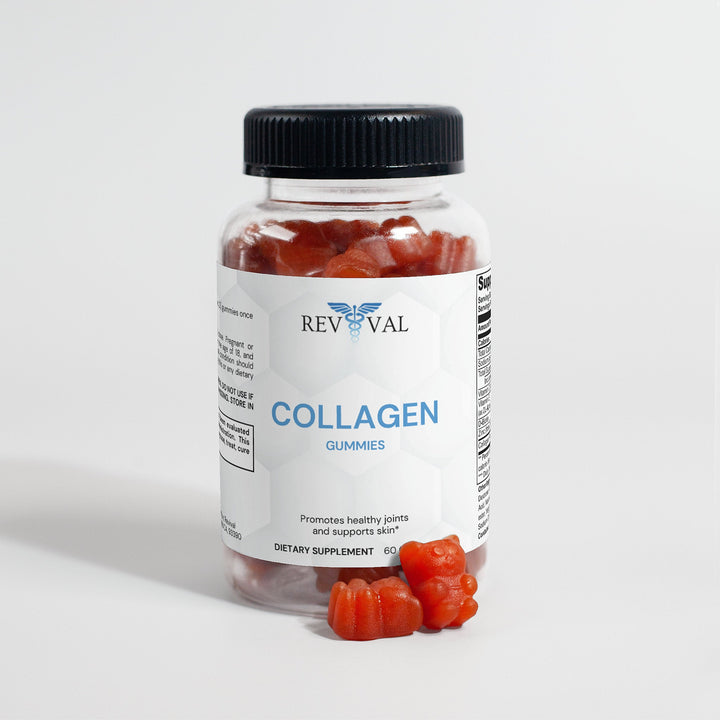 Jar of Revival Collagen Gummies on a light gray background