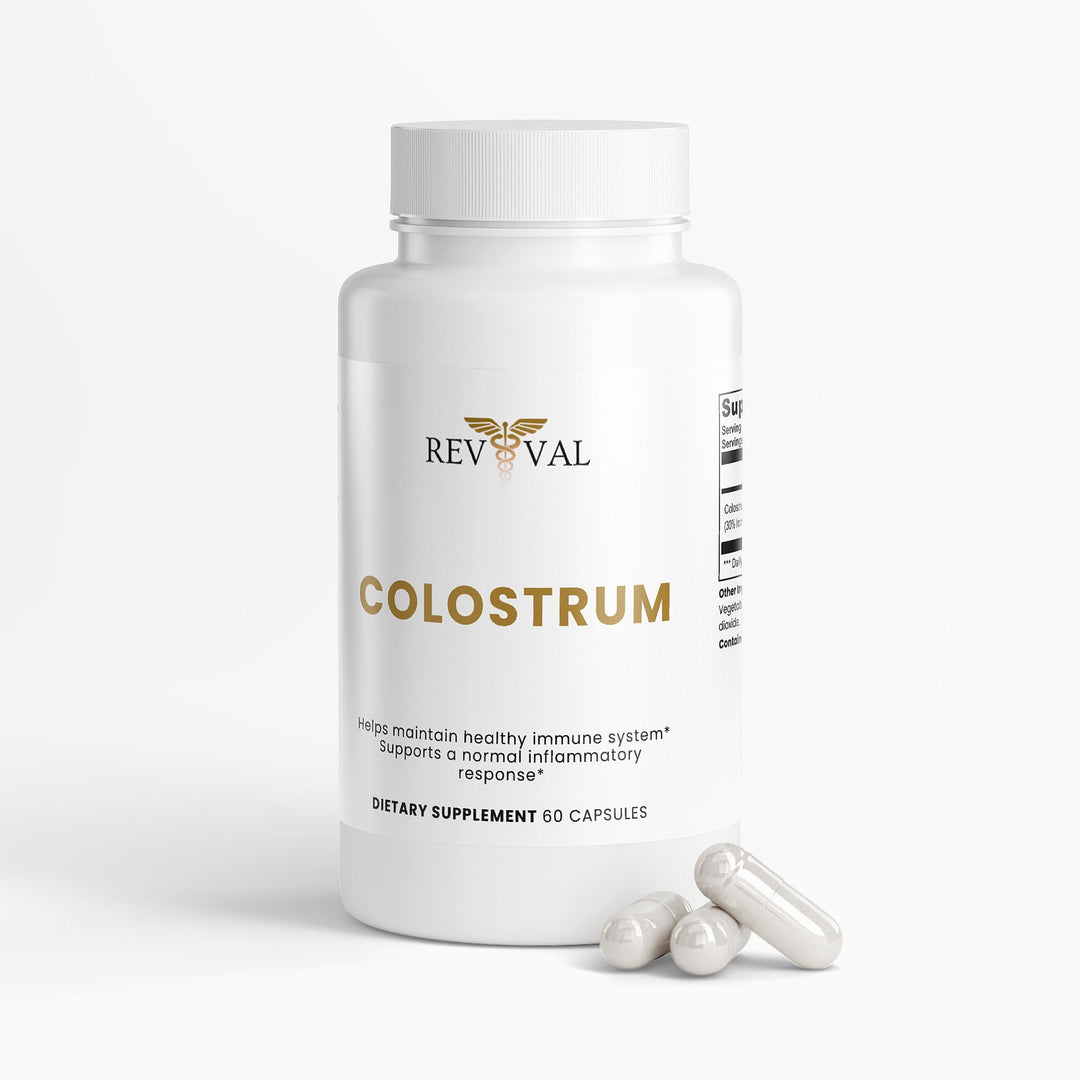Revival Colostrum supplement bottle with capsules on a white background