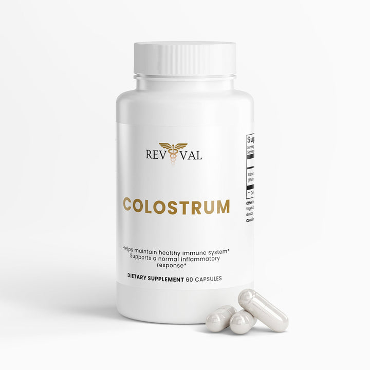 Revival Colostrum supplement bottle with capsules on a white background