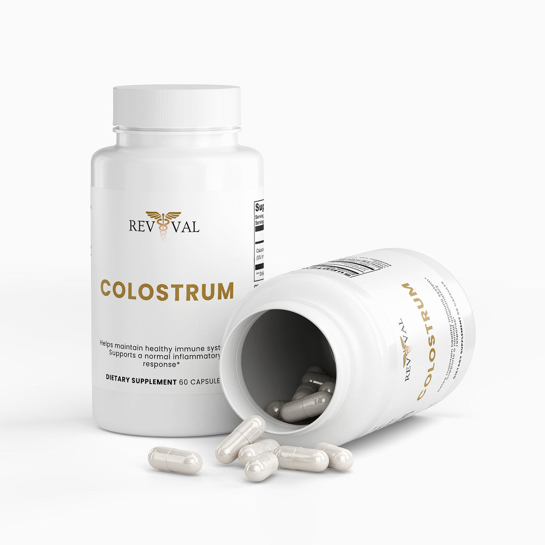 Revival Colostrum supplement bottle with open lid showing capsules on a white background