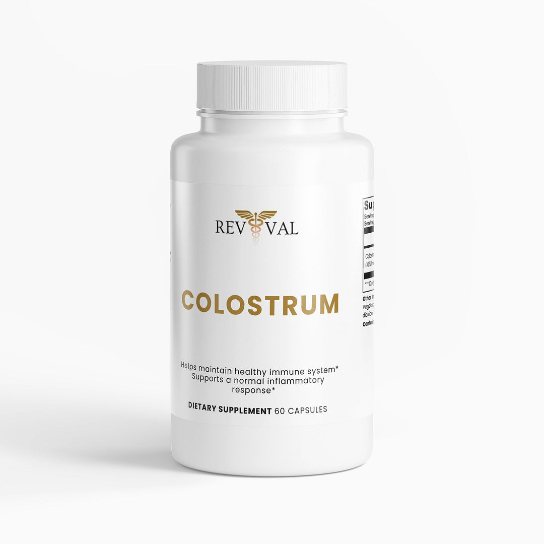 Revival Colostrum supplement bottle on a white background