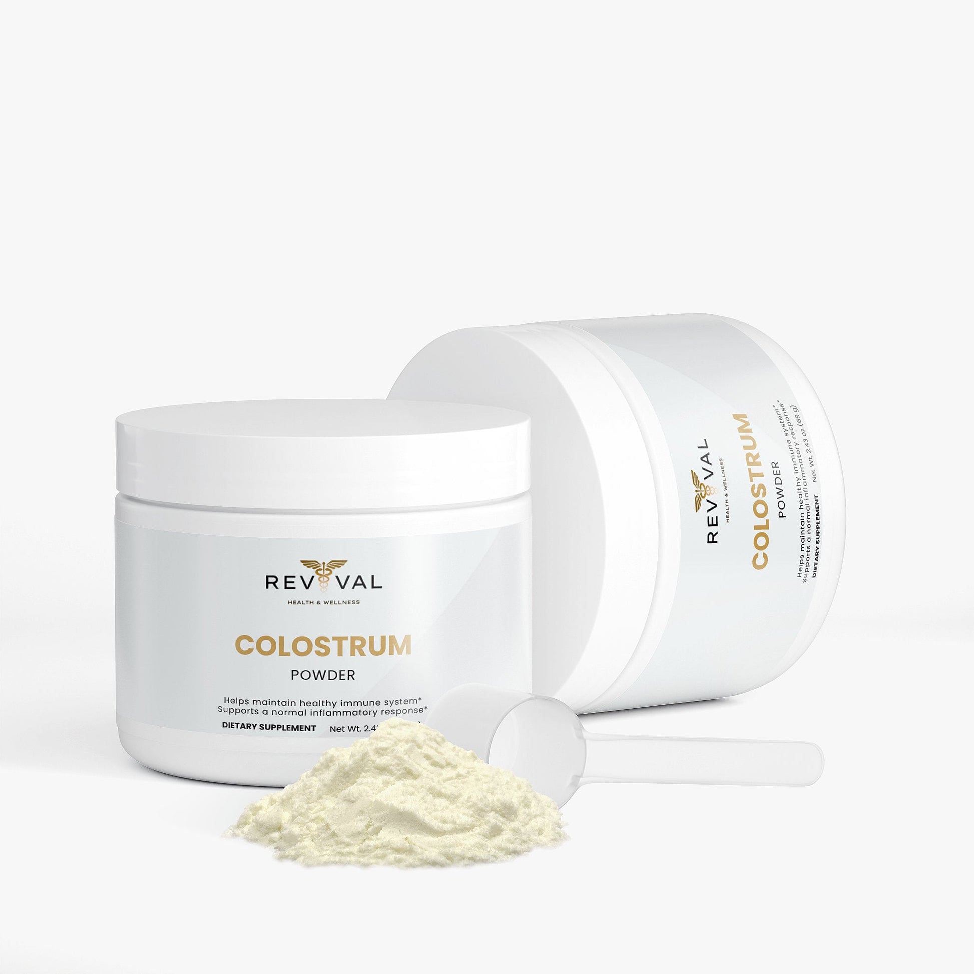 Revival Colostrum Powder container with scoop on a white background