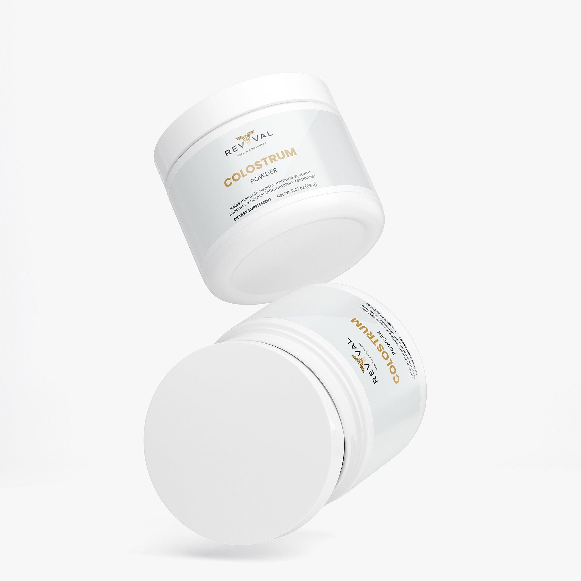 Two containers of Revival Colostrom Powder on a white background