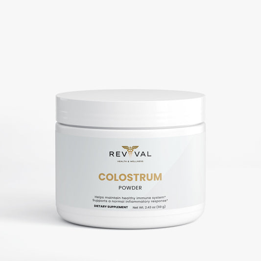 Revival Colostrum Powder container on a white background