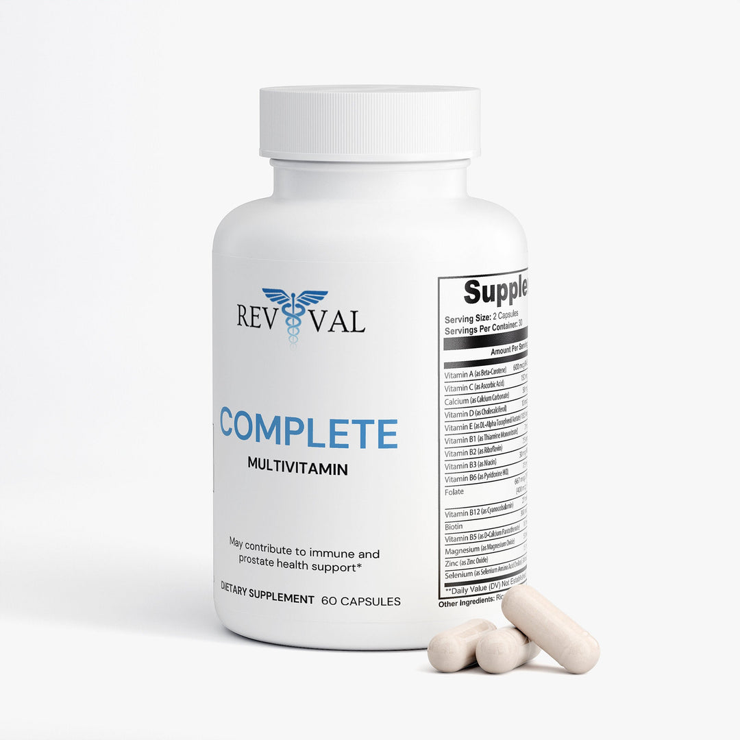 Revival Complete Multivitamin bottle with two capsules on a white background