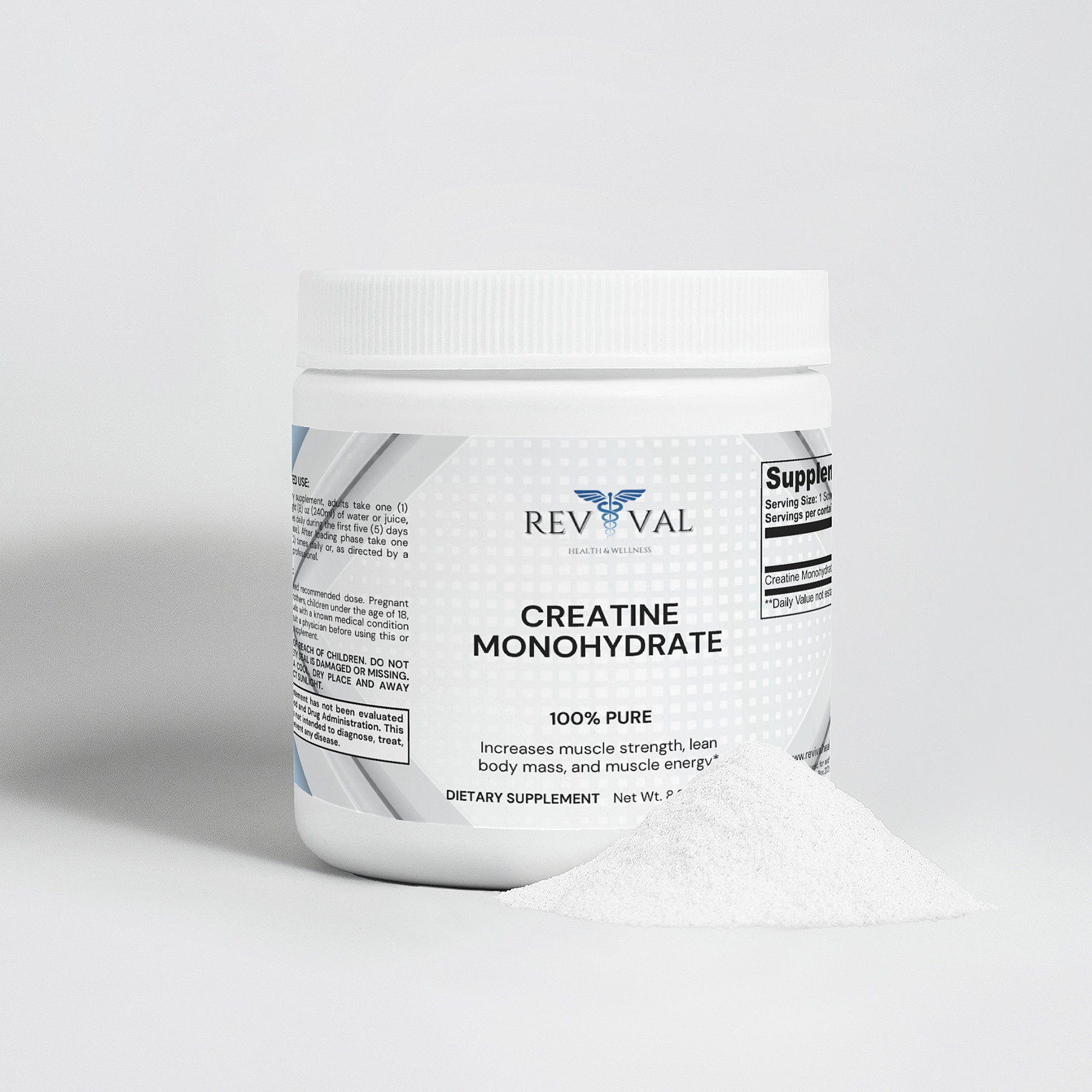 Creatine Monohydrate, front bottle with powder