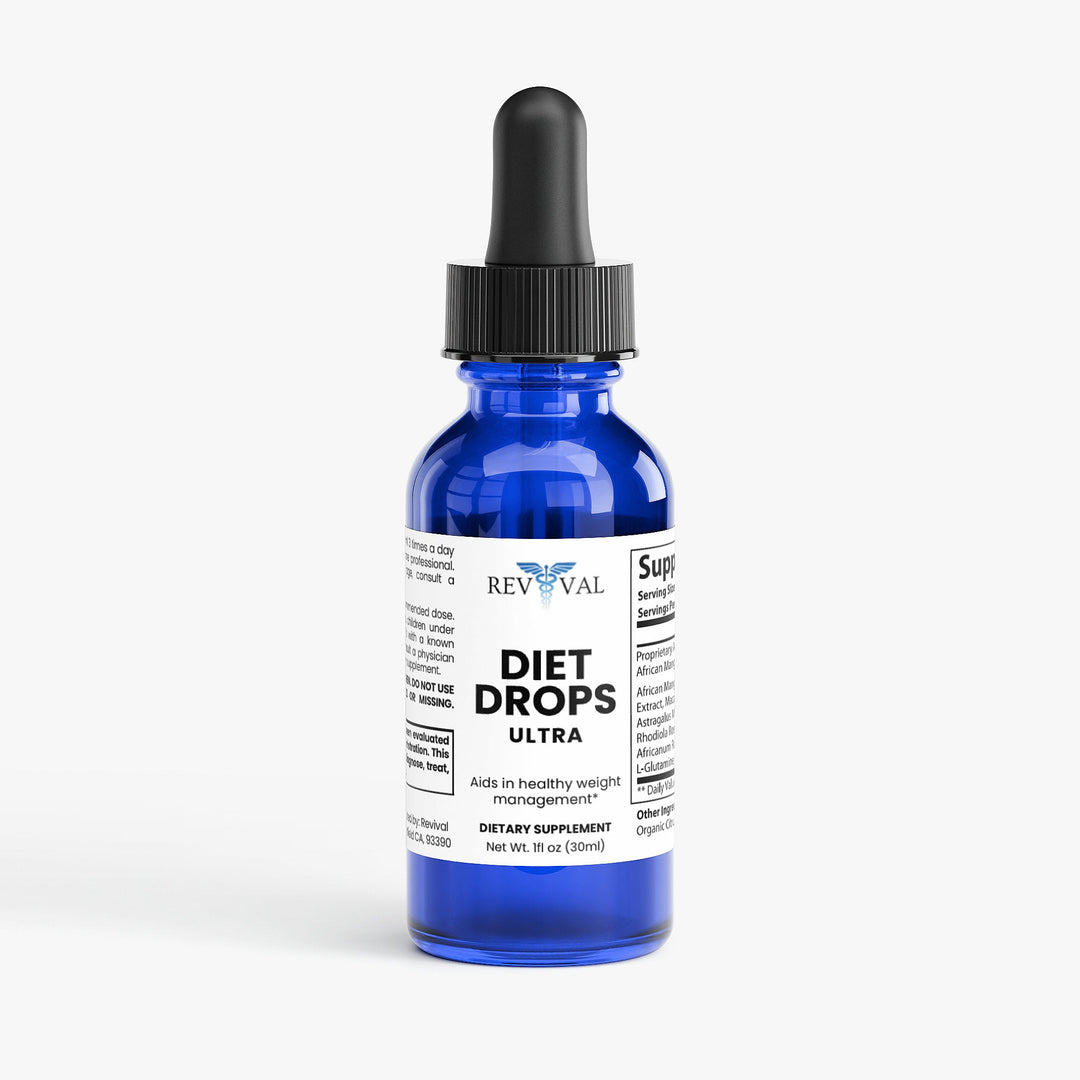 Blue bottle of Revival Diet Drops Ultra on a white background