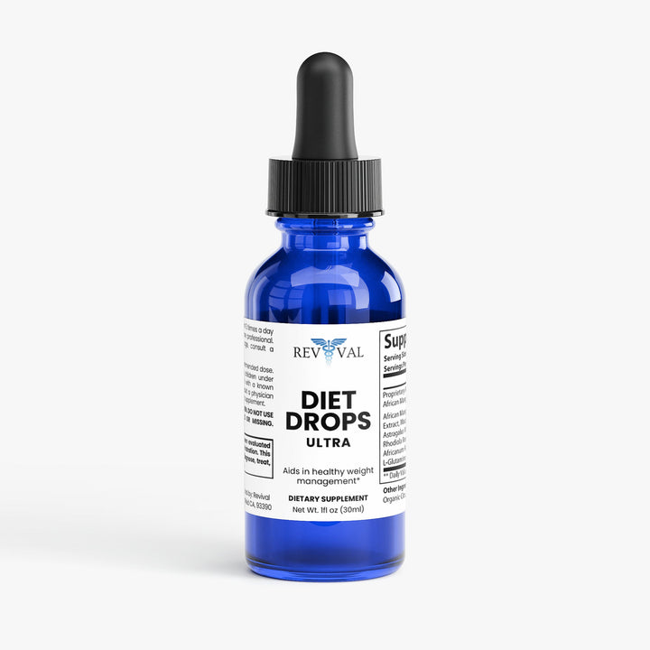 Blue bottle of Revival Diet Drops Ultra on a white background