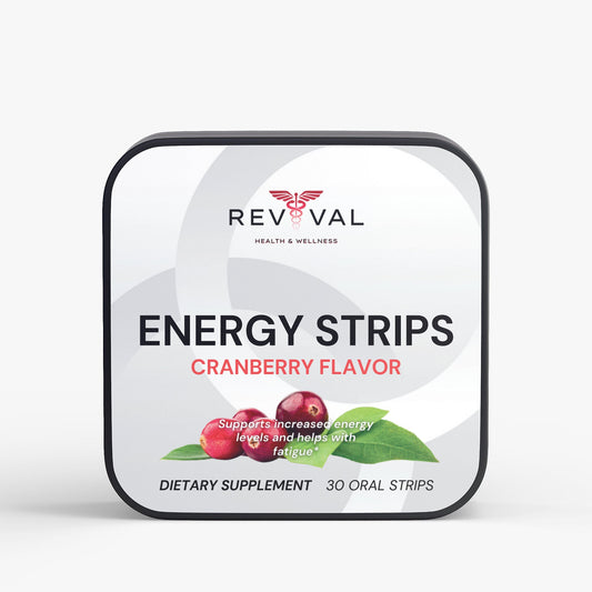 Revival Energy Strips packaging with cranberry flavor on a white background