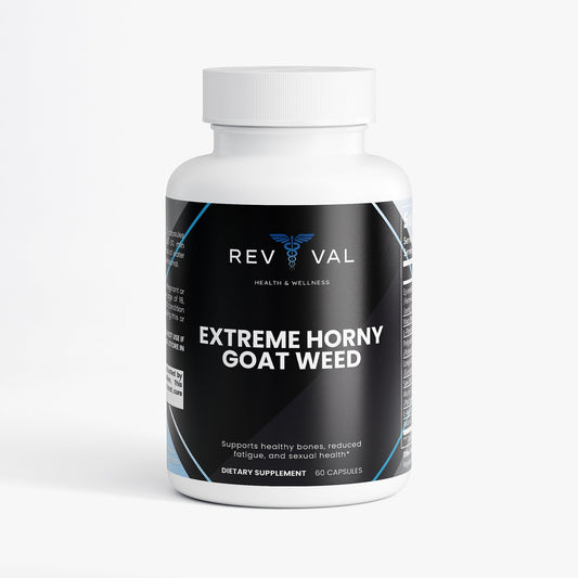 Supplement bottle labeled 'Extreme Horny goat weed' by Rev Val on a white background