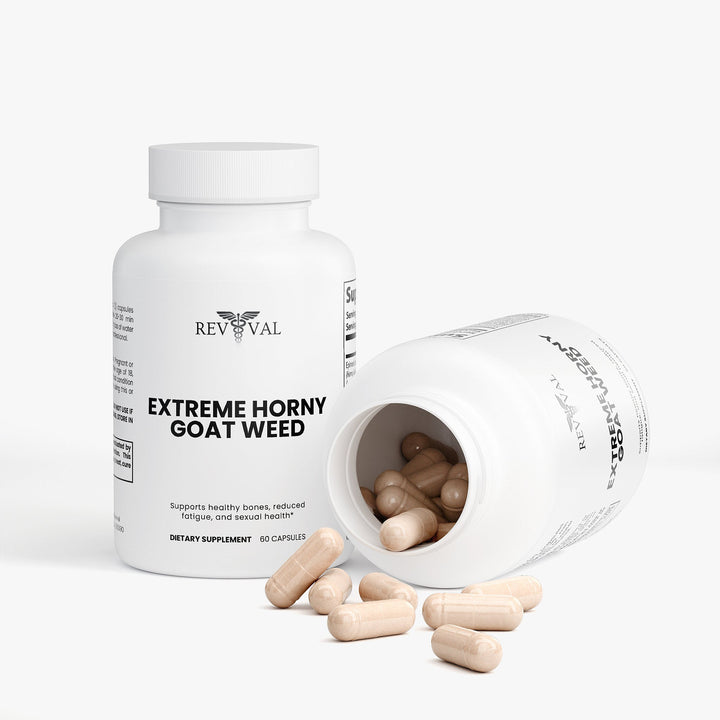 Revival Extreme Horny goat weed dietary supplement with open bottle on a white background
