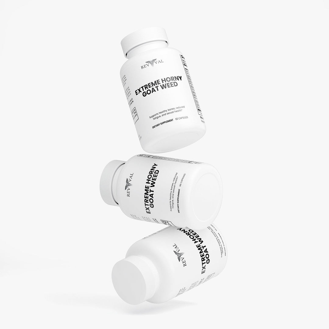 Three bottles of Extreme Horny goat weed supplement on a white background