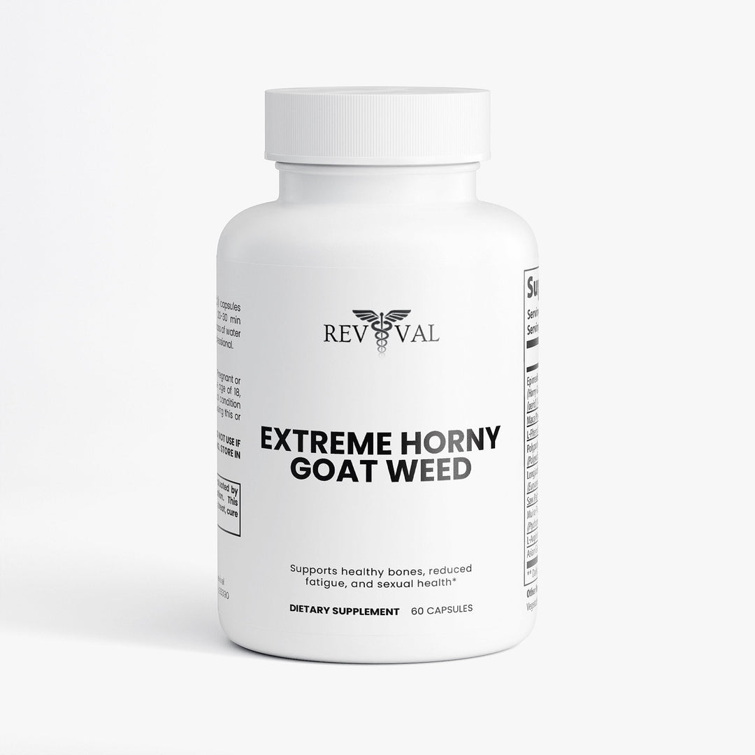 Supplement bottle labeled 'Extreme Horny goat weed' by Revival on a white background