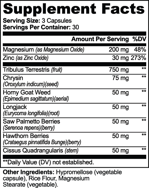 Supplement facts label with various ingredients and their amounts per serving