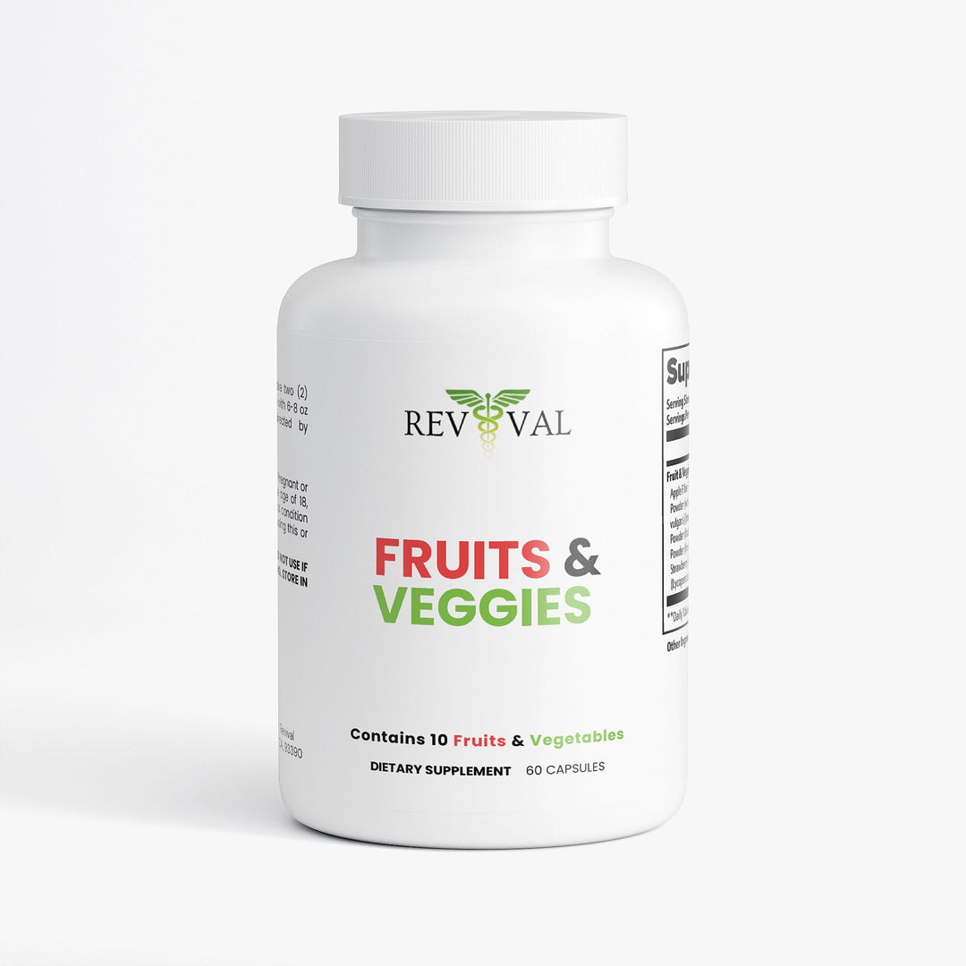 Supplement bottle labeled 'Fruits & Veggies' by Revival on a white background