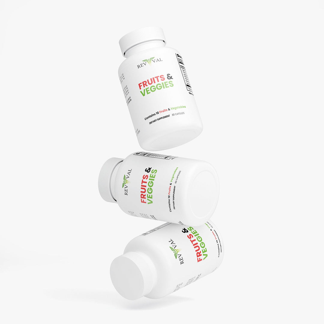 Three bottles of Reviva Labs Fruits &amp; Veggies supplement on a white background