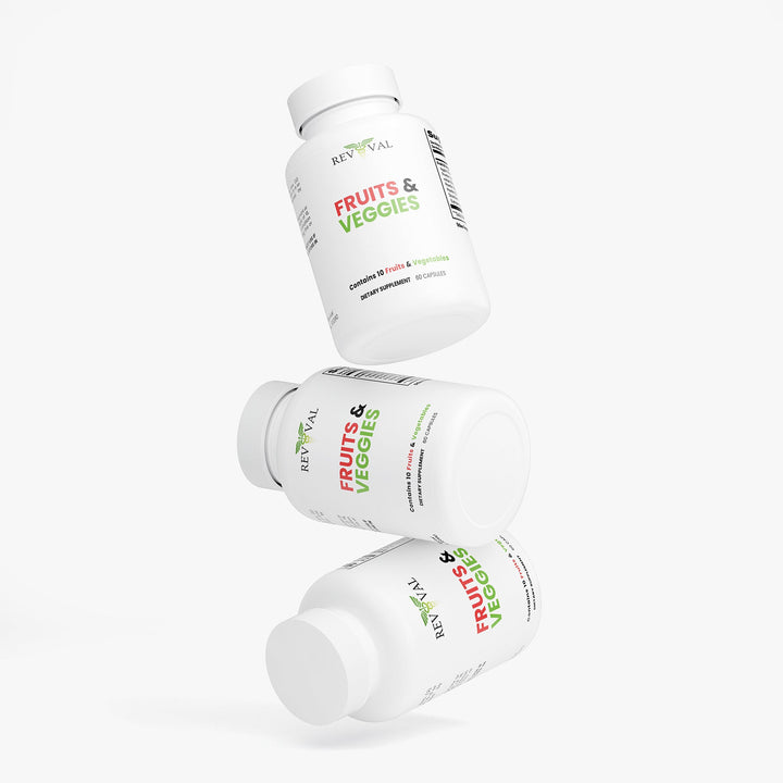 Three bottles of Reviva Labs Fruits &amp; Veggies supplement on a white background