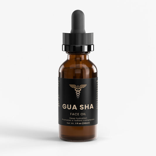 Bottle of Gua Sha face oil with a dropper on a white background