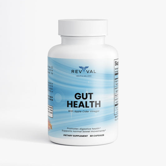 Supplement bottle labeled 'Gut Health' by Revival on a white background
