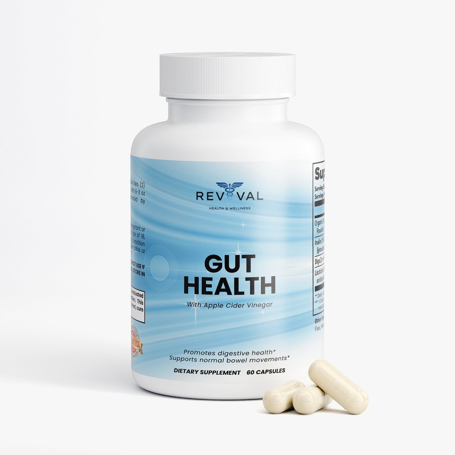 Supplement bottle labeled 'Gut Health' with two capsules on a white background