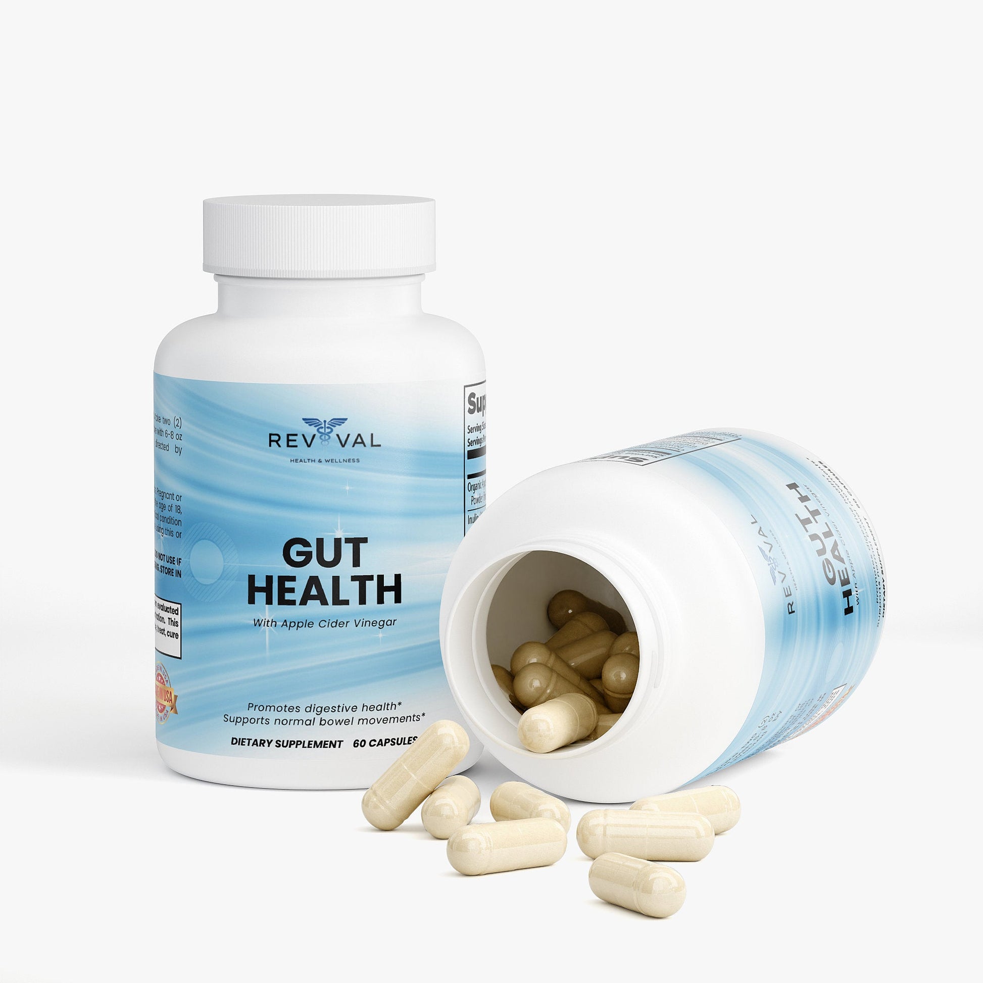 Supplement bottle labeled 'Gut Health' with open lid showing capsules on a white background