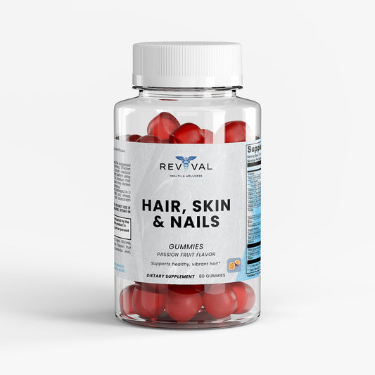 Bottle of Revival Hair, Skin & Nails gummies on a white background
