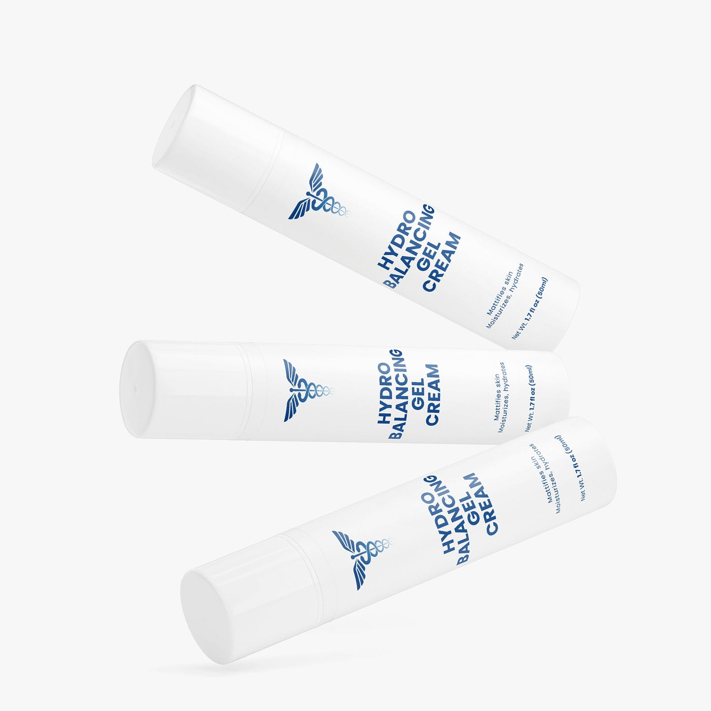 Three tubes of hydrobalancing gel cream on a white background