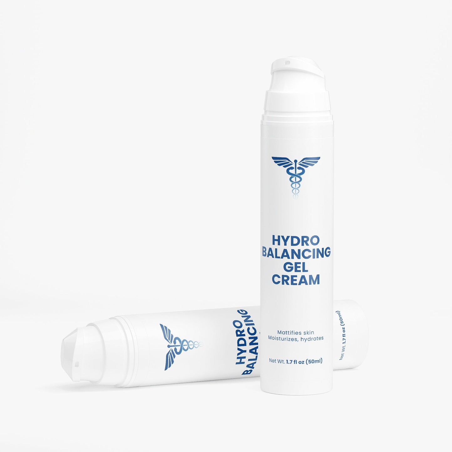 Two bottles of hydrobalancing gel cream on a white background