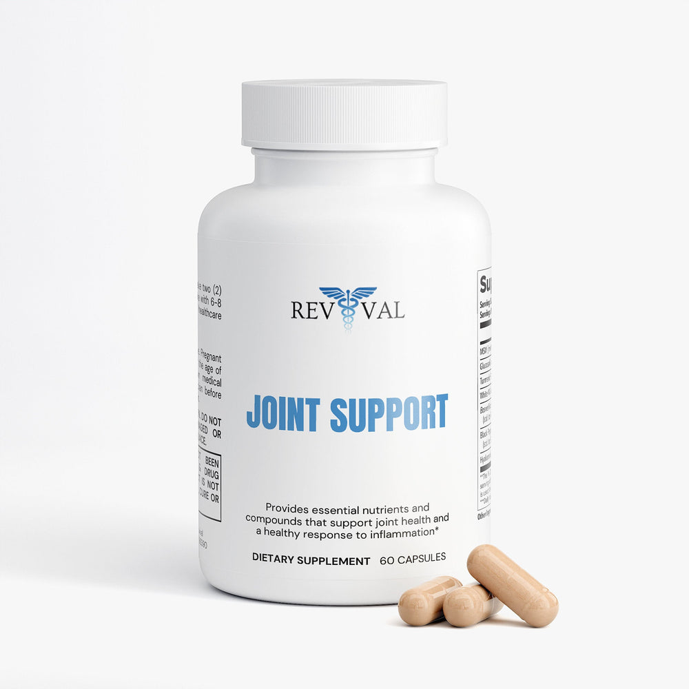 Supplement bottle labeled 'Joint Support' by Revival on a white background