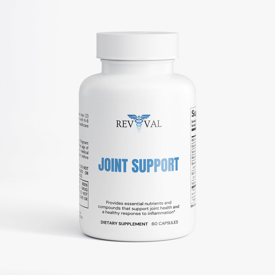 Supplement bottle labeled 'Joint Support' by Revival on a white background