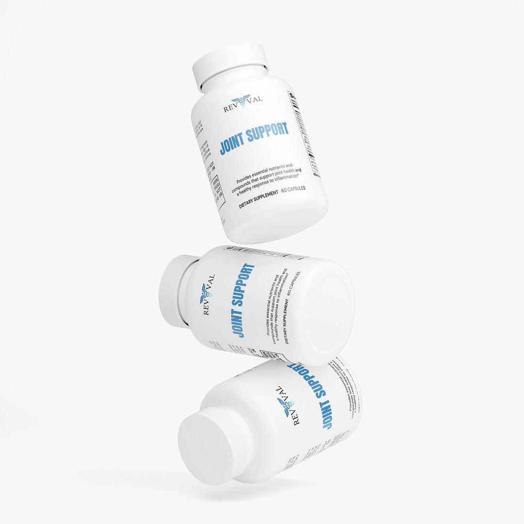 Three bottles of Reval Joint Support supplement on a white background