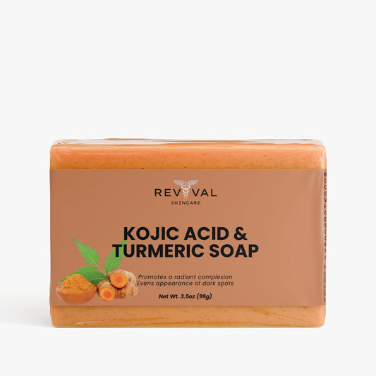 Kojic Acid & Turmeric Soap bar with Revival Skincare branding on a white background