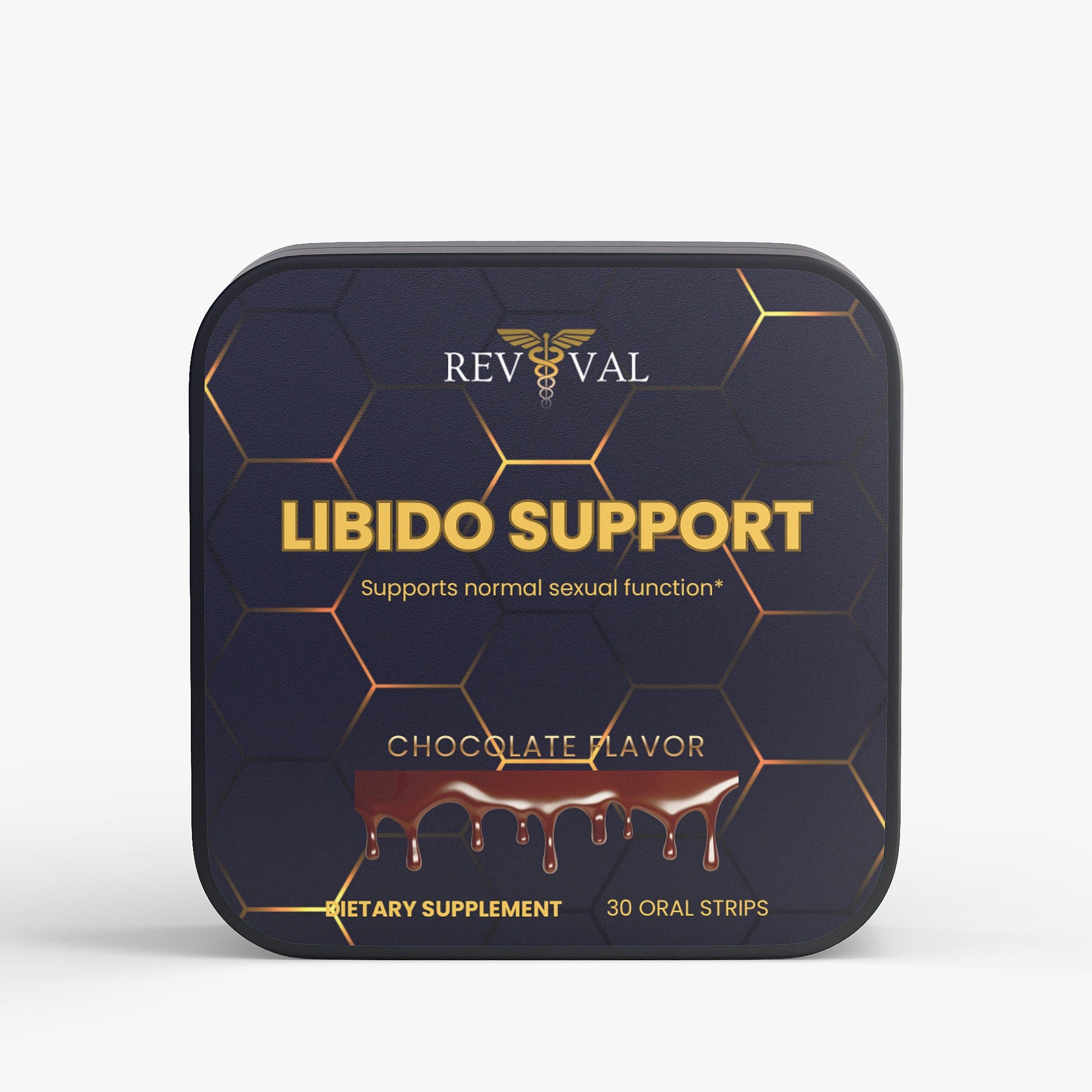 Tin of Revival Libido Support dietary supplement with chocolate flavor on a white background