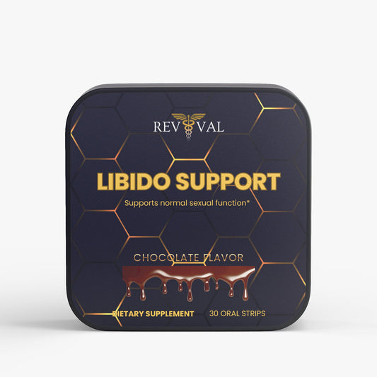 Tin of Revival Libido Support dietary supplement with chocolate flavor on a white background