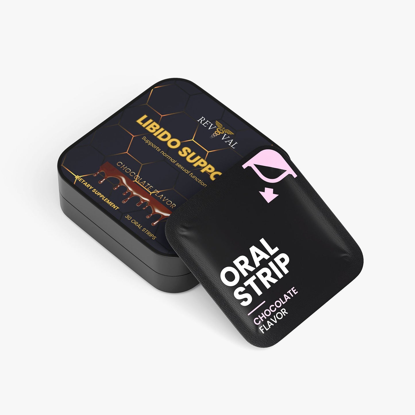 Black packaging of an oral strip with 'Libido Supp' branding on a white background