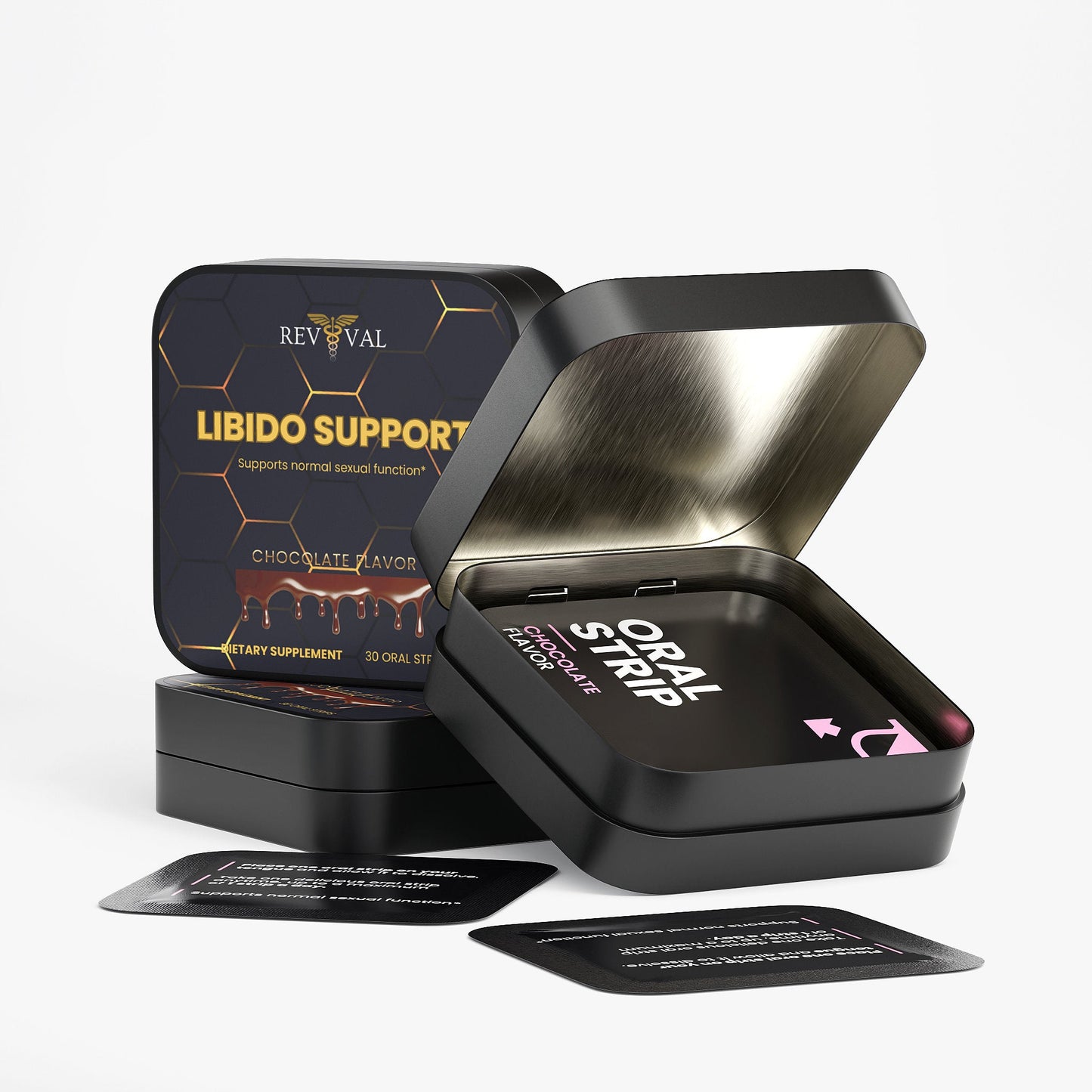 Black tin box with 'Libido Support' and 'Oral Strip' labels on a white background