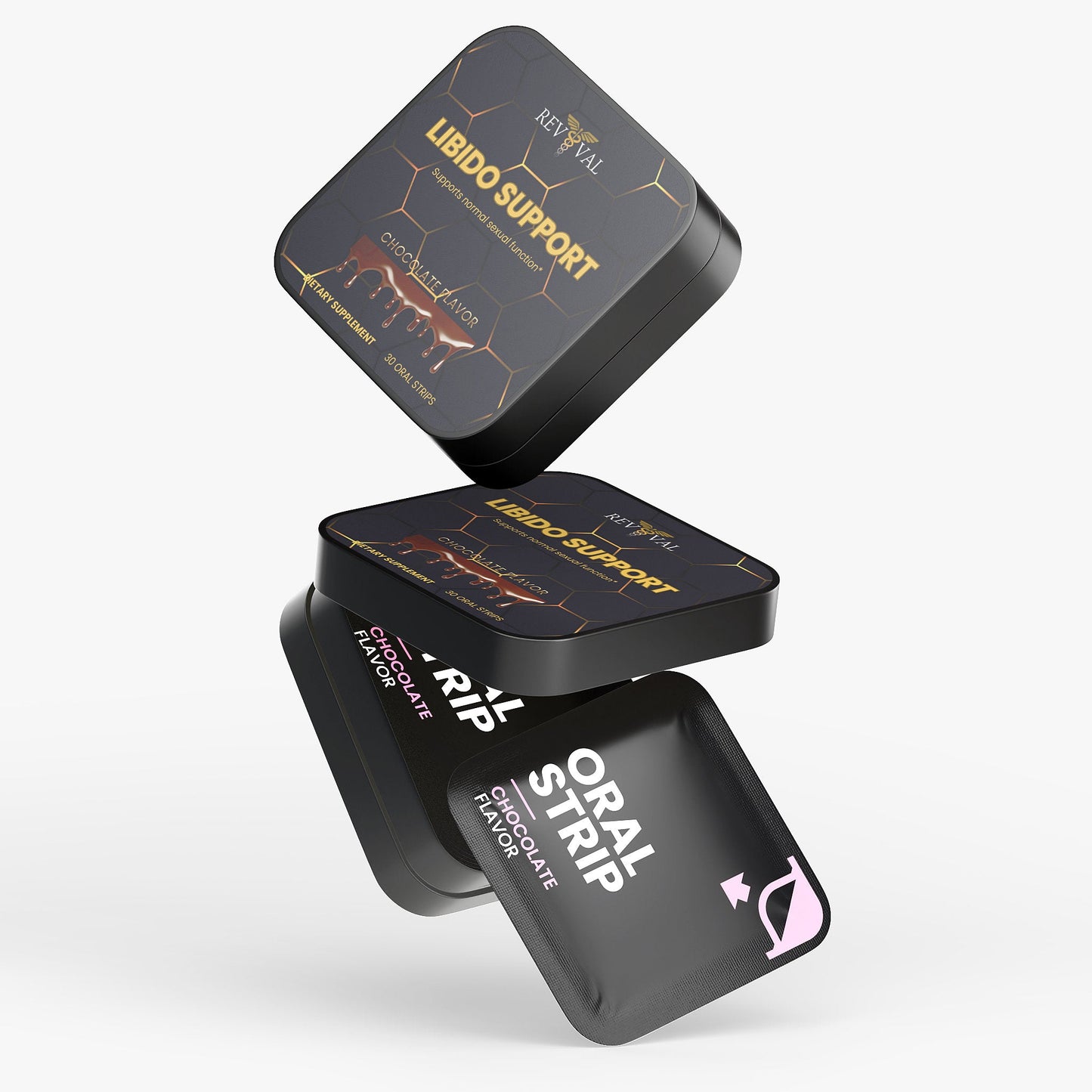 Black packaging of an oral strip with 'Libido Support' text on a white background