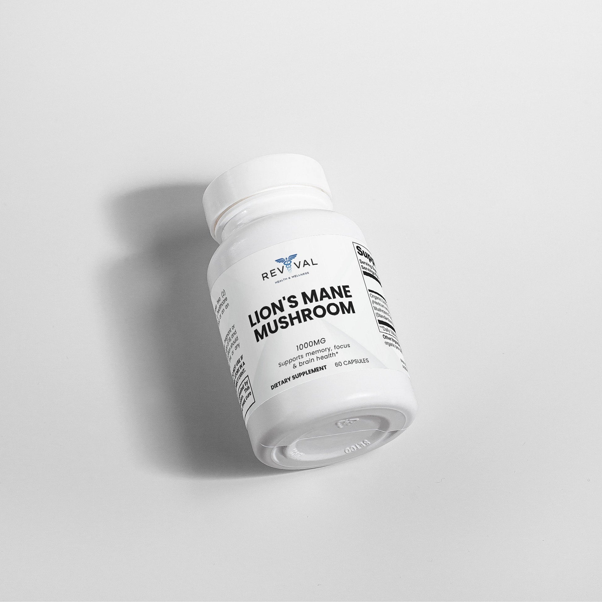 Supplement bottle labeled 'Lion's Mane Mushroom' by Revival on a light gray background