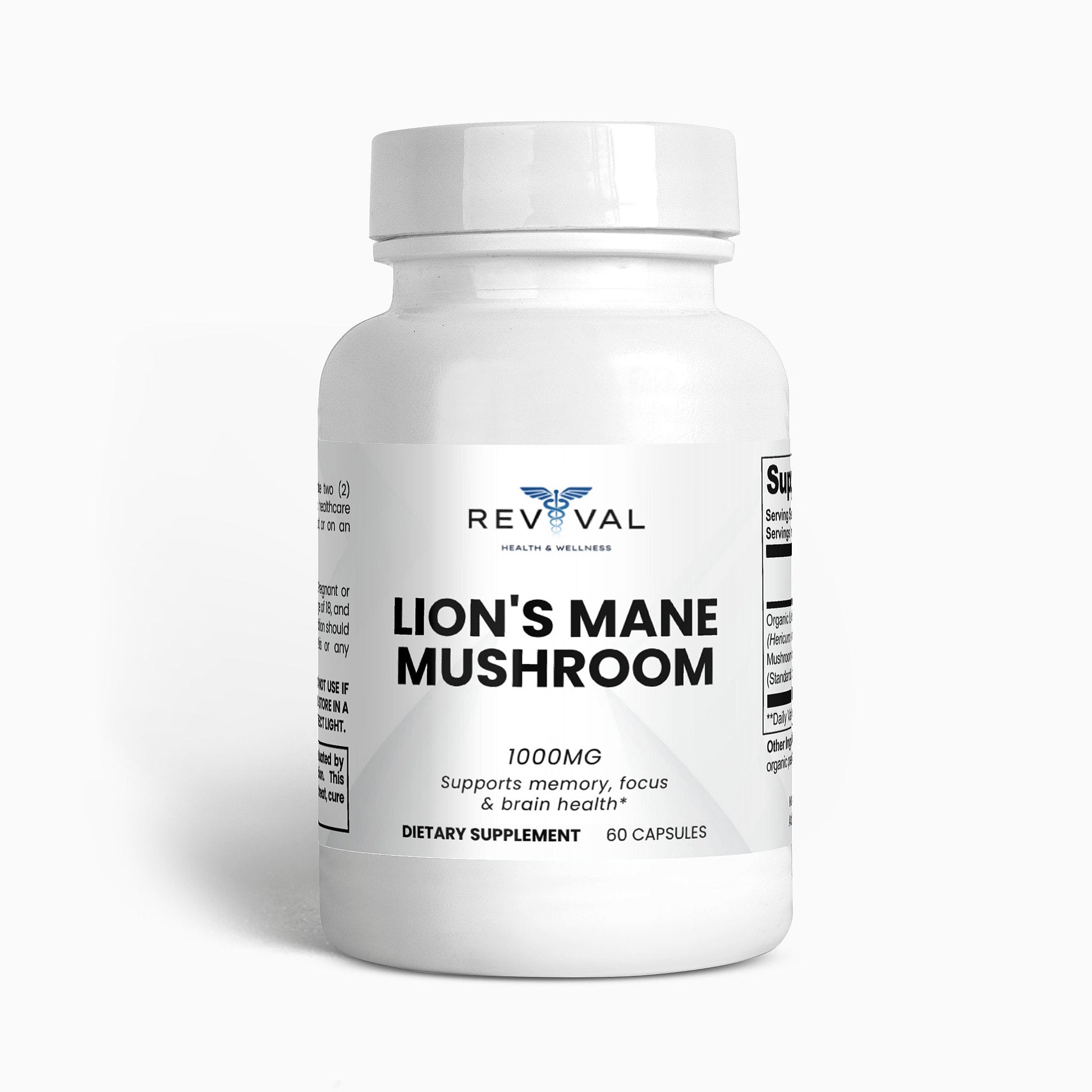 Supplement bottle labeled 'Lion's Mane Mushroom' by Revival on a white background