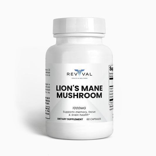 Supplement bottle labeled 'Lion's Mane Mushroom' by Revival on a white background