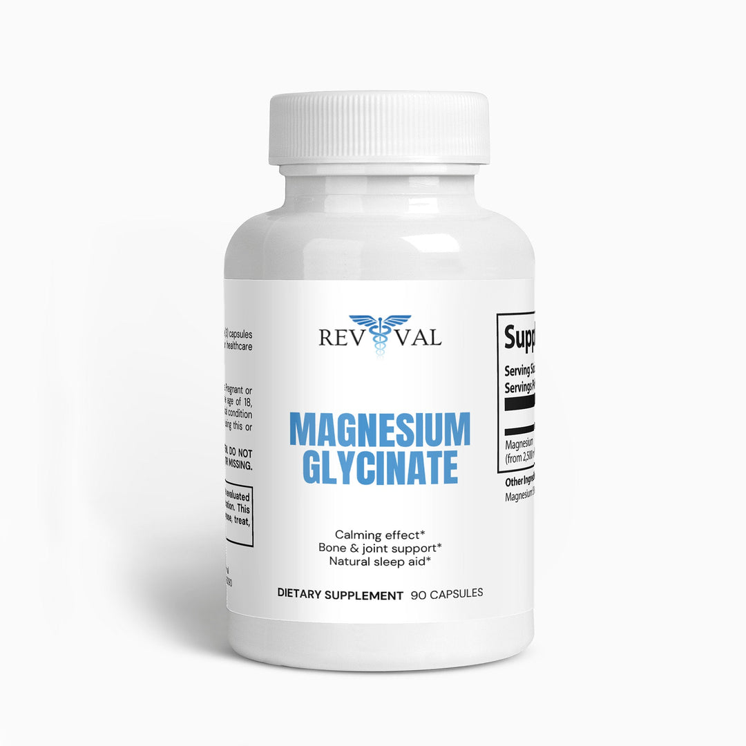 Supplement bottle labeled 'Magnesium Glycinate' by Revival on a white background