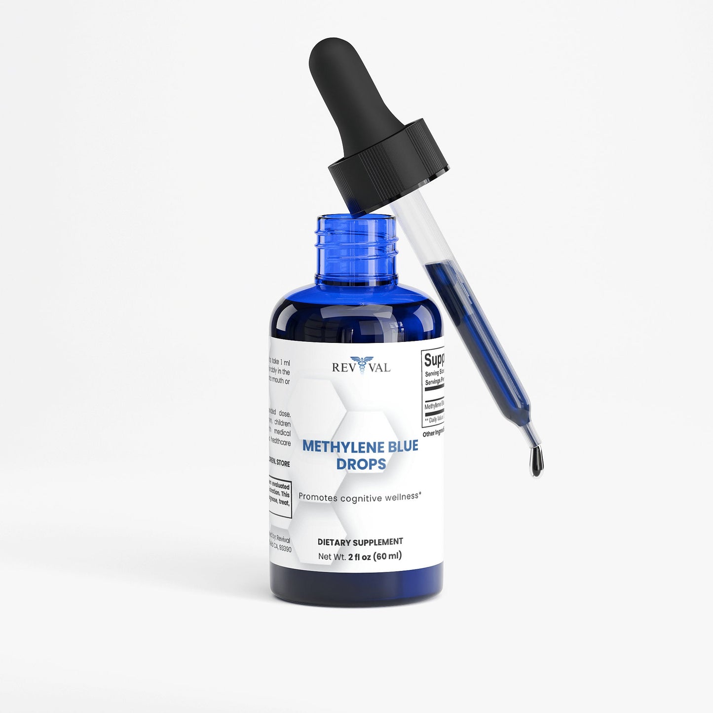 Bottle of Methylene Blue Drops with dropper on a white background