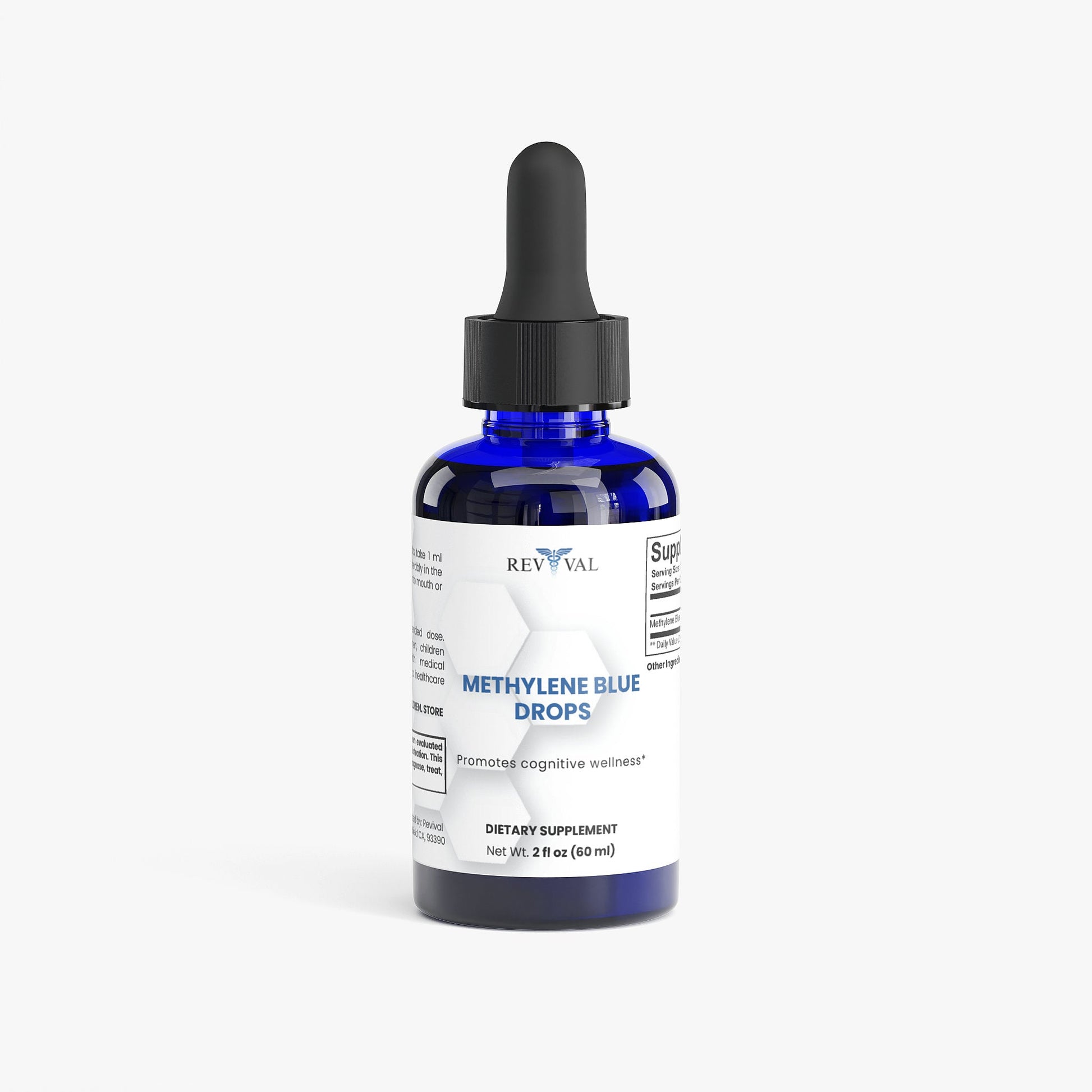 Bottle of Methylene Blue Drops with dropper on a white background