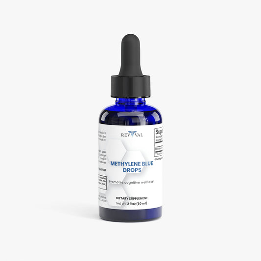 Bottle of Methylene Blue Drops with dropper on a white background