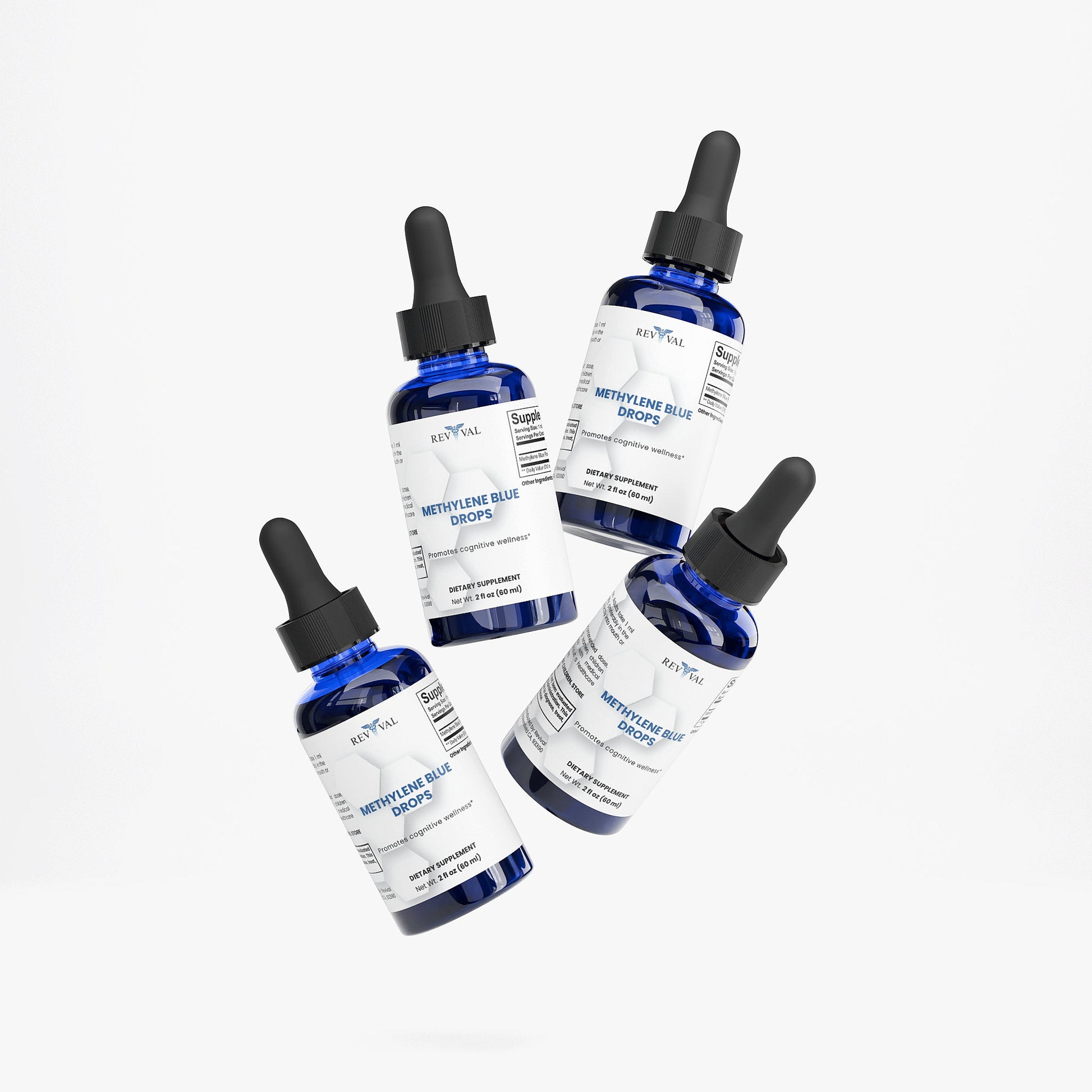 Four bottles of a product labeled 'Methyleene Blue Drops' on a white background