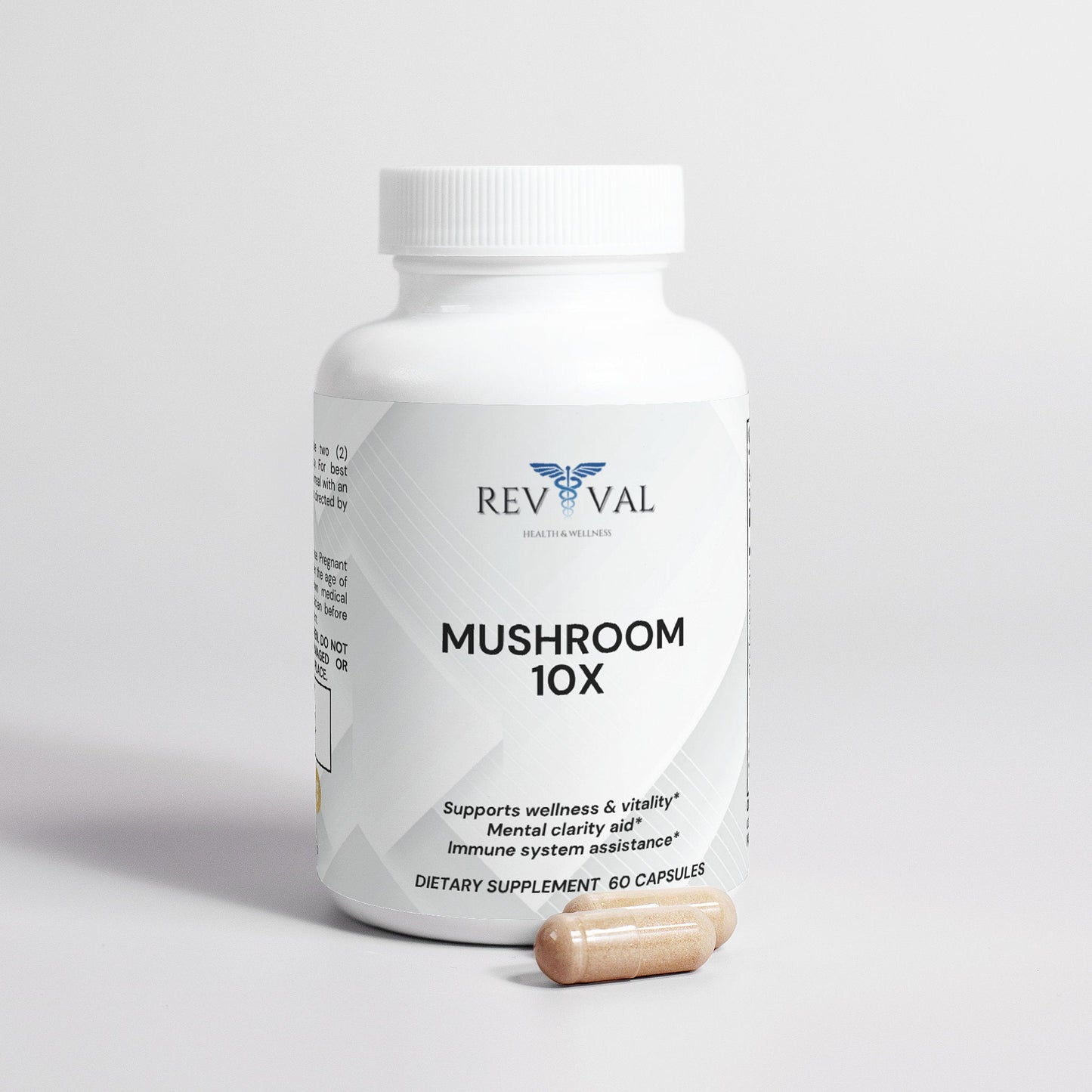 Mushroom Complex 10 X, front bottle with capsules